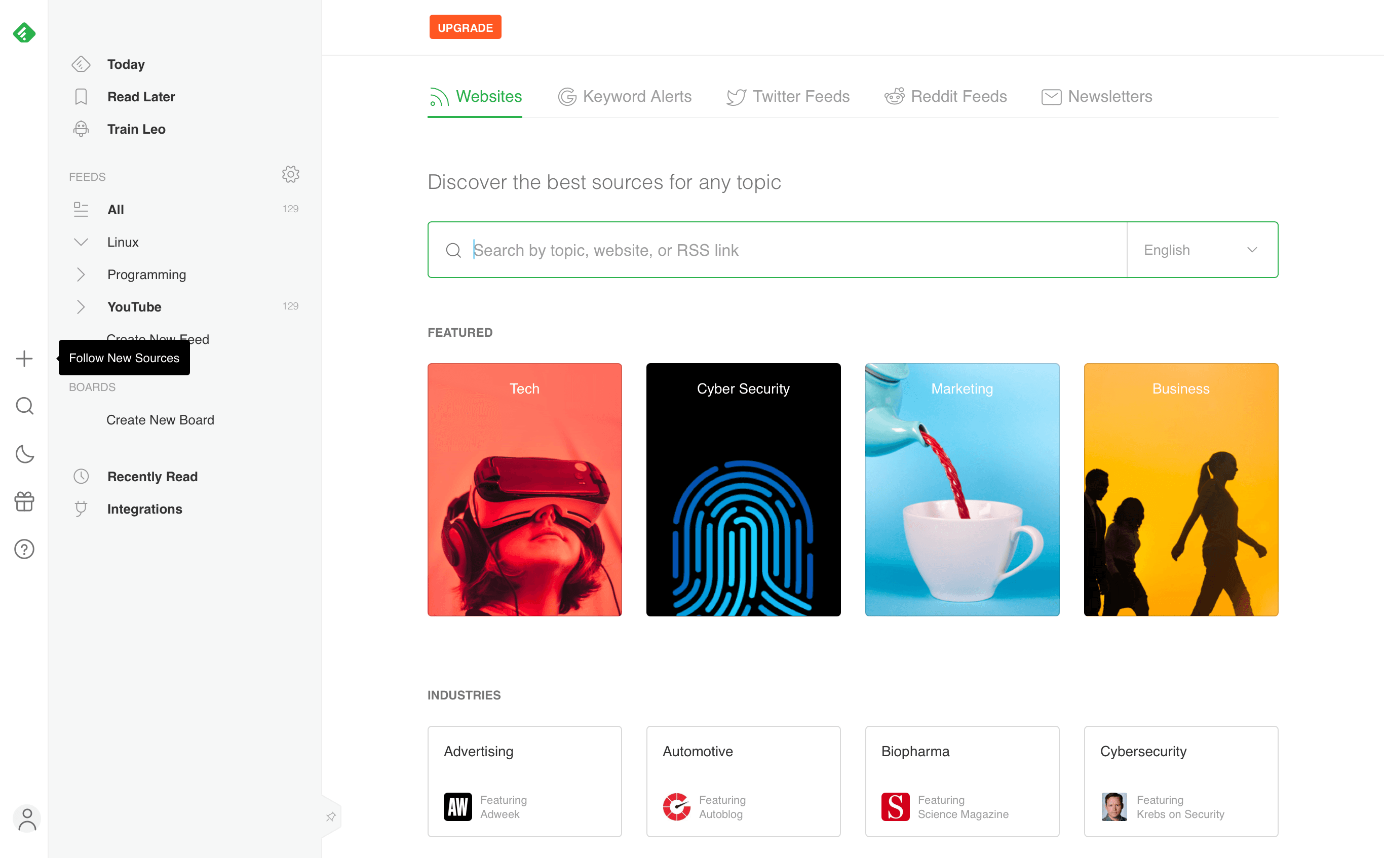 Feedly’s explore section. Works great!