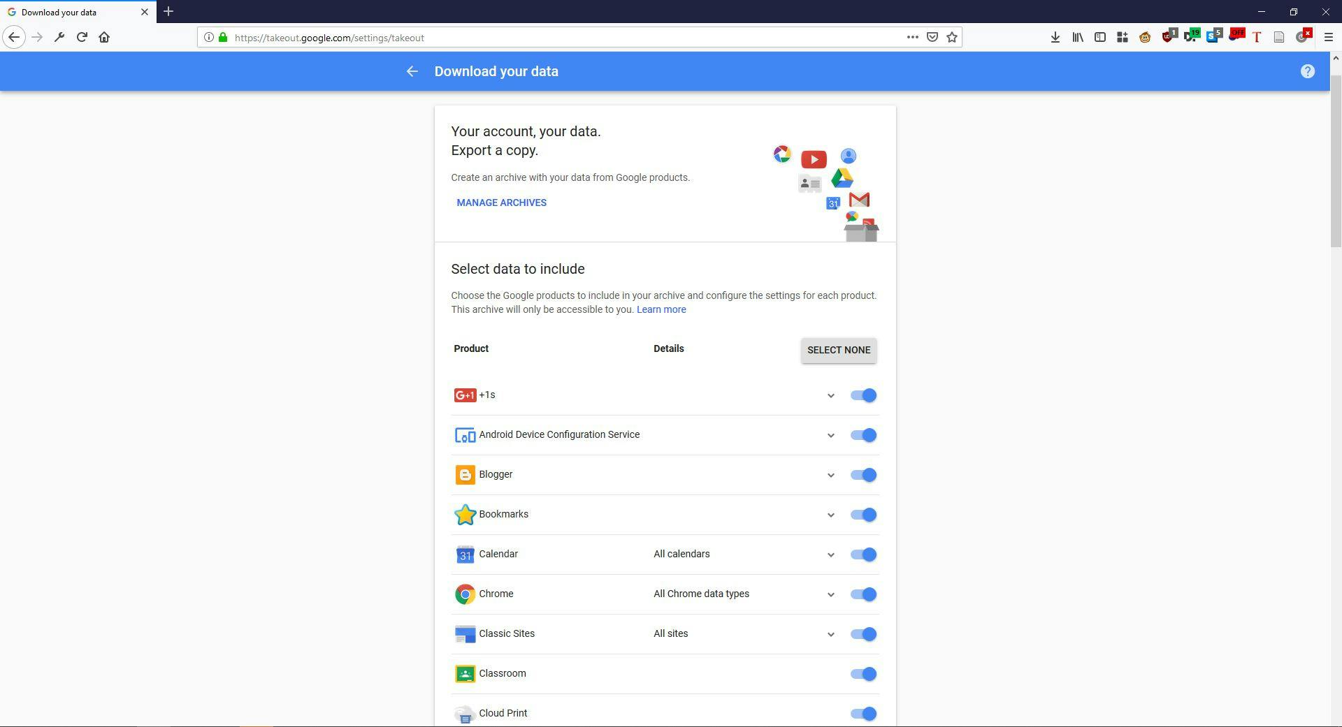 A screenshot of the Google Takeout web page.